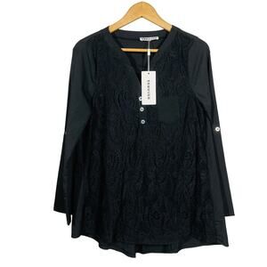 NEW! Ecowish Lace Front Tunic Long Sleeve Casual Black - M